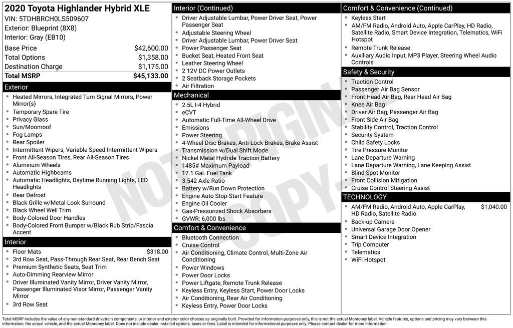 2020 Toyota HIGHLANDER HYBRD XLE