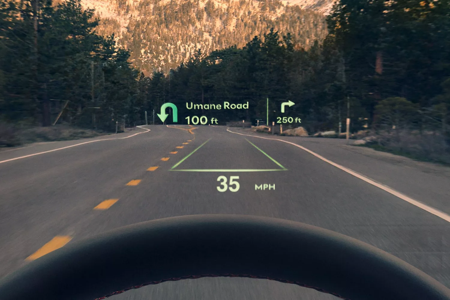 Digital heads-up display showing navigation and 35 mph speed.